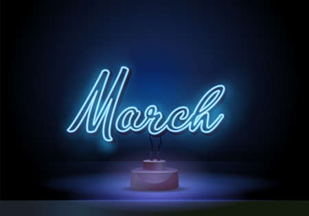 Neon symbol for March : Month Name with colorful elements : Vector Illustration. Neon glowing lettering on a dark wall background. Vector calligraphy illustration.のイラスト素材