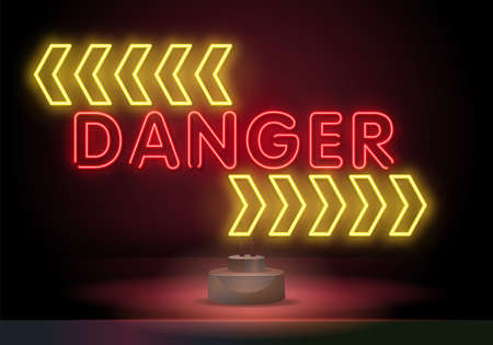 Danger red neon text and triangle sign with exclamation mark. Warning design. Night bright neon sign, colorful billboard, light banner. Vector illustration in neon style.のイラスト素材