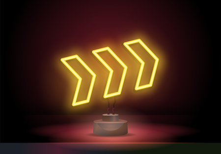 Yellow Neon glowing arrow pointer on dark background. Colorful and shining retro light sign. Vector design element. Futuristic Sci Fi Modern Neon Pine Glowing Arrowsのイラスト素材