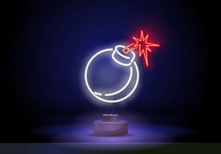 Neon bomb, signboard, night lighting. Neon bomb icon on stand, design template, modern trend design,...