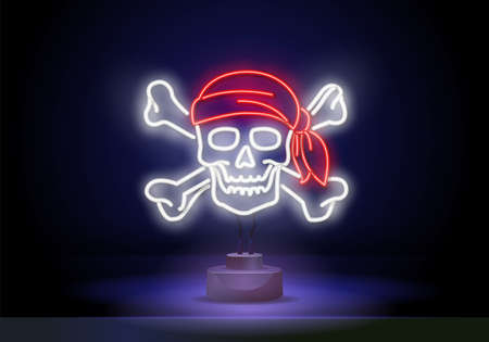 Skull in red bandana and bones neon sign. Bright skull red headband and crossed bones. Night bright advertisement, illustration in neon style for Halloween and bikers styleのイラスト素材