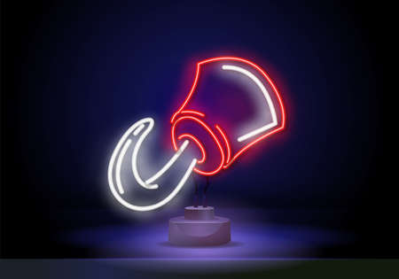 Neon pirate hook neon icon on stand, design template, modern trend design, night neon signboard. Glowing neon line Pirate hook icon isolated on blue background. Happy Halloween party. Vectorのイラスト素材