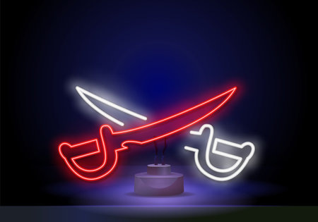 Neon crossed sabers on a black background. Vector stock illustration. Neon Pirates, evil and warning design. Night bright neon sign, colorful billboard, light banner.のイラスト素材