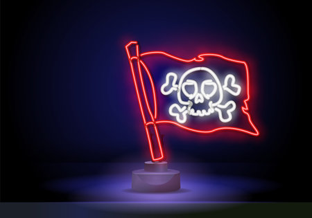 Pirate Flag neon light sign vector. Glowing bright icon Pirate Flag isometric sign. Skull and crossed bones on flag neon sign. Jolly Roger and pirates concept design.のイラスト素材