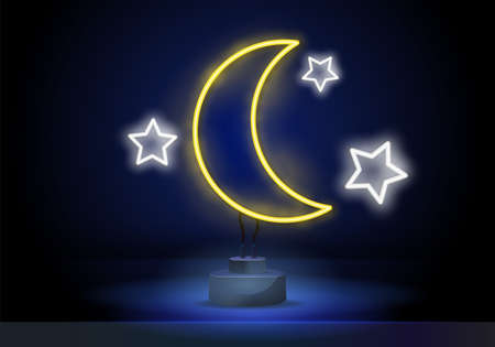 Moon and stars neon light icon. Night glowing sign. Bedtime. Vector isolated illustration. Concept of Happy Ramadan Kareem and Eid Mubarak.のイラスト素材