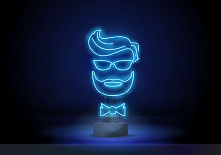 Neon sign barber shop. Blue neon sign man with beard and mustache, inscription barber shop. On a black background. Vector illustration.のイラスト素材