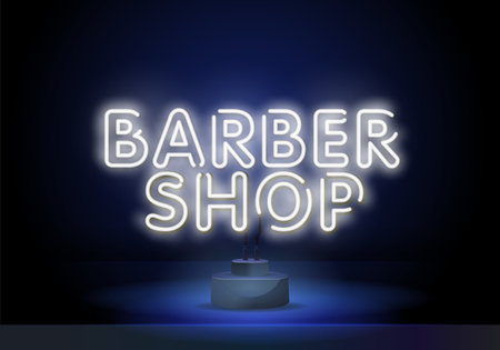 Neon sign barber shop. White neon text barber shop. On a black background. Vector illustration.のイラスト素材