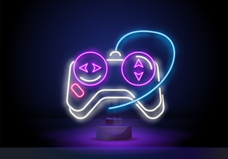 Game stick neon sign, bright signboard, light banner. VR Games neon icon for decoration in gaming club. Game logo, emblem. Vector illustrationのイラスト素材