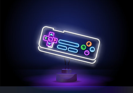 Game stick neon sign, bright signboard, light banner. VR Games neon icon for decoration in gaming...
