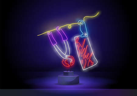 Bloody tools saw, knife, forceps for torture in neon style. October 31st Halloween Party. Holiday, party, shop. Can be used for advertising, street wall sign, invitationのイラスト素材