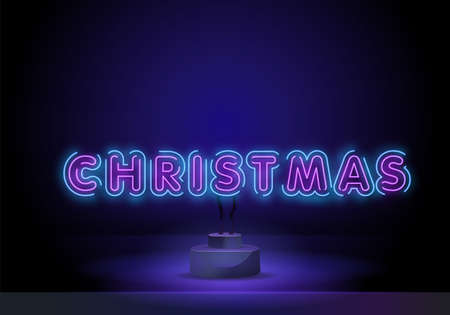 Christmas poster in a neon style. Vector discount card, neon sign, bright banner, luminous sign, night advertising, Xmas discount sale. Editing text neon sign.のイラスト素材