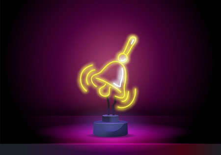 Neon bell icon. Glowing neon bell sign, outline notification pictogram. Online push notification, reminder sound alert, active alarm setting, updating. Vector icon set, sign for UIのイラスト素材