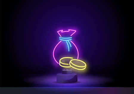 Shekel Money Neon Label. Vector Illustration of Jewish Promotion. An elegant greeting card, a Hanukkah symbol, a template. Neon sign on standのイラスト素材