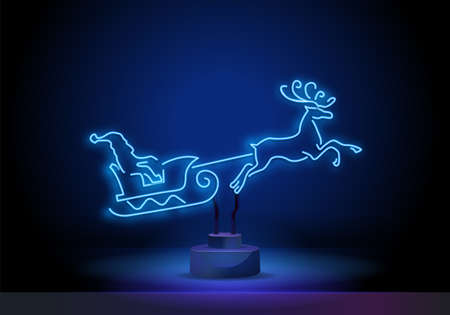neon santa in a sleigh pulled by a deer. Neon Santa Claus. Neon reindeer. Neon gingerbread. Neon sign, bright signboard, light banner. Logo of the new year, emblem and label.のイラスト素材