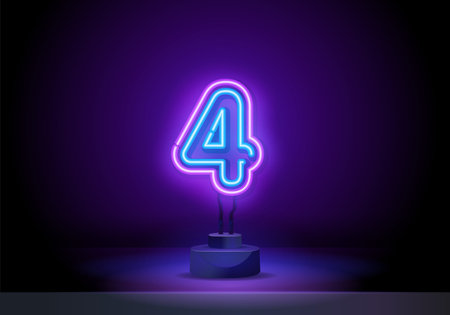 Neon city font sign number 4, signboard four. Number Four symbol neon sign vector. Number Four template neon icon, light banner, neon signboard,のイラスト素材