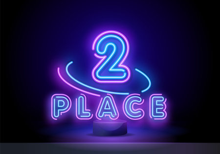Second place in a neon round frame. Neon blue number 2 on black background. Learning numbers, serial number, price, place. Number two template neon icon, light banner, neon signboard.のイラスト素材