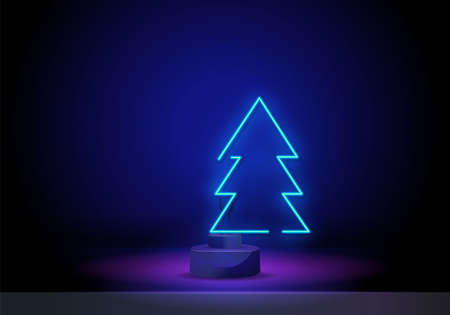 Three christmas illustrations in neon style. Three holiday signs on stand. Vector illustration.のイラスト素材