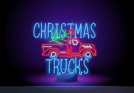 Christmas tree in truck neon sign. Fir, tree, New Year. Night bright advertisement. Vector illustration in neon style for banner, billboardのイラスト素材