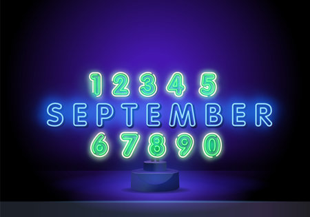 September Neon glowing lettering on a dark wall background. Hello september neon sign. neon symbol