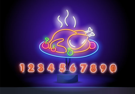 neon turkey on a plate. Thanksgiving Day advertisement design. Night bright neon sign, colorful billboard, light banner. Vector illustration in neon style.のイラスト素材