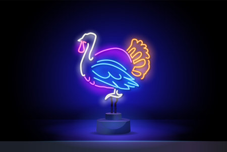 Turkey neon sign on stand. Turkey bird, Thanksgiving day. Night bright advertisement. Vector...