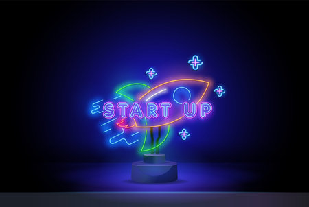 Rocket neon sign. Cosmic light signboard. Vector bright emblem. Neon start. Vector isolated neon...