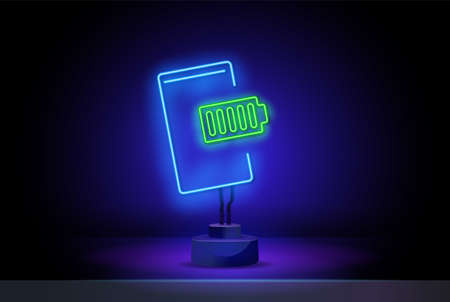 Vector illustration of a smartphone with neon effect on a dark background. Phone communication neon signs collection. Phone communication signs. Neon signs. Vectorのイラスト素材