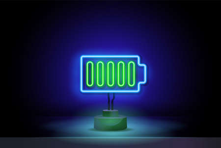 Neon battery icon. Glowing neon accumulator sign, outline electric charge pictogram in vivid colors. Phone battery, electrical charging station.のイラスト素材