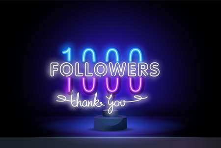 1000 followers neon sign. Realistic neon signboard with number of followers. Follow us neon. Lettering design for social media post, marketing or advertisement.のイラスト素材