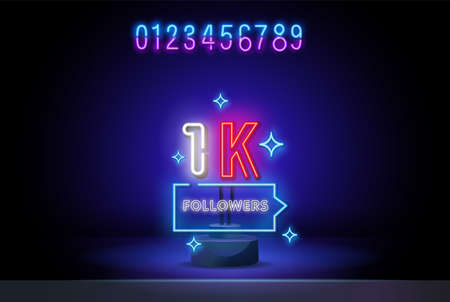 1000 followers neon sign. Realistic neon signboard with number of followers. Follow us neon. Lettering design for social media post, marketing or advertisement.のイラスト素材