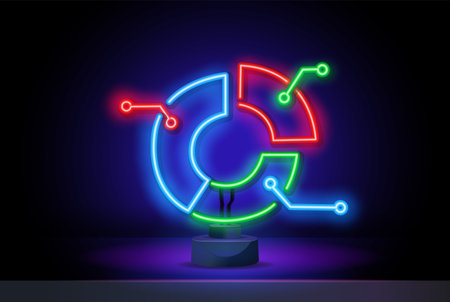 Sunburst diagram neon light icon. Radial chart. Round information graph. Hierarchy visualization....