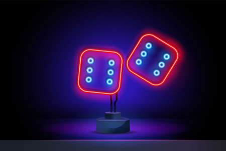 Outline neon dice icon. Glowing neon dice sign, playing cube pictogram in vivid colors. Gambling game, lucky chance, random, lucky number, fortune. Vector iconのイラスト素材