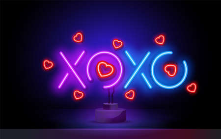 XOXO Neon sign Vector. hugs and kisses neon, design template, modern trend design, night signboard, night bright advertising, light banner, light art. Vector illustrationのイラスト素材