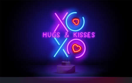 Retro neon xoxo sign. Design element for Happy Valentines Day. Ready for your design, greeting card, banner. Vector illustration.のイラスト素材