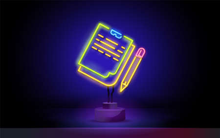Neon notepad with pencil outline icon in neon style. Elements of education illustration line icon. signs, symbols can be used for web, logo, mobile appのイラスト素材