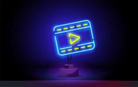 Neon clapperboard sign. Bright glowing clapperboard on dark background. Cinema emblem. Vector design template.のイラスト素材