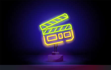 Clapper board neon sign. Neon clapperboard sign. Bright glowing clapperboard on dark background. Cinema emblem. Vector design template.のイラスト素材