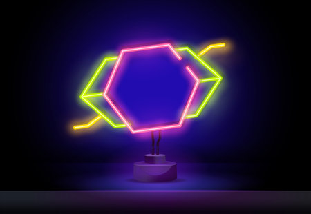 neon geometric frame. Abstract colored neon banner, neon frame with neon lines minimalism design...