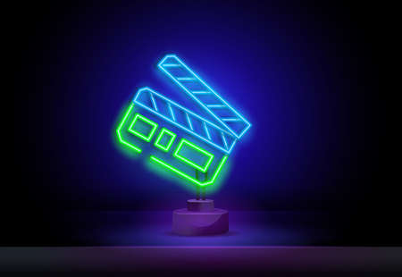 Glowing neon Movie clapper icon isolated on black background. Film clapper board icon. Clapperboard sign. Cinema production or media industry concept. Vector Illustration.のイラスト素材