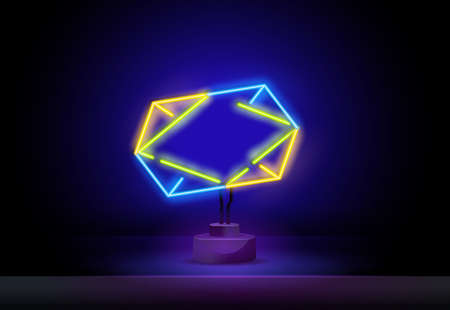 neon geometric frame. Abstract colored neon banner, neon frame with neon lines minimalism design flying in the air on dark background vector illustrationのイラスト素材