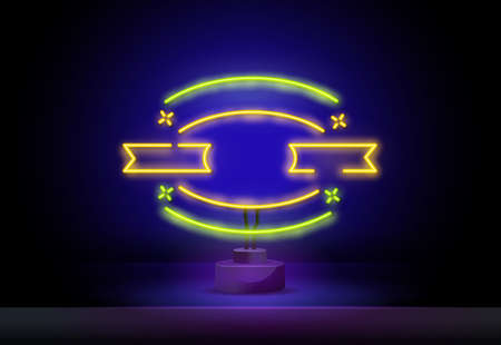 neon geometric frame. Abstract colored neon banner, neon frame with neon lines minimalism design flying in the air on dark background vector illustrationのイラスト素材
