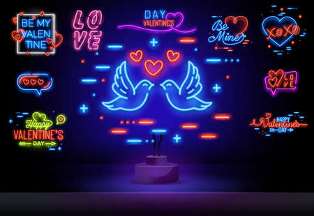 Neon  set for valentines day, label, emblem. Happy Valentines Day. Neon sign, bright signboard, light banner.のイラスト素材
