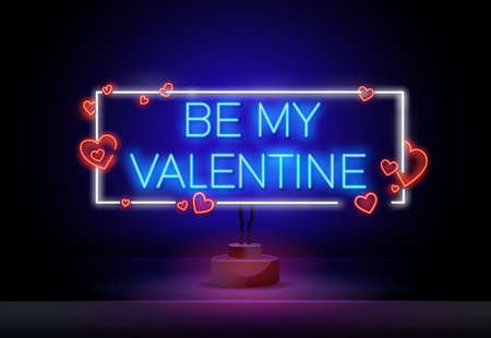 Be My Valentine letter neon glow in the dark. Heart and arrow shape. Vector Illustration of Love Promotion. Valentines Day Romantic Greeting. Vectorのイラスト素材