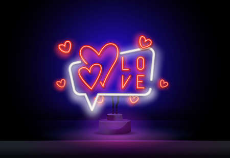 Hearts with LOVE letter neon glow in the dark. Heart and arrow shape. Vector Illustration of Love Promotion. Valentines Day Romantic Greeting. Vectorのイラスト素材