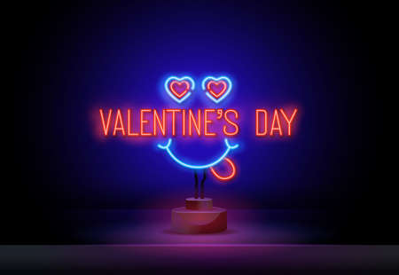 Neon Valentines day. Old school style. 3d neon sign. Realistic neon sign. Love day banner, logo, emblem and label. Bright signboard, light banner.のイラスト素材