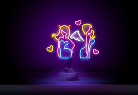 Neon girl with wings and a halo on her head. Angel neon sign, modern glowing banner design, colorful modern design trend on black background. Vector illustration.のイラスト素材