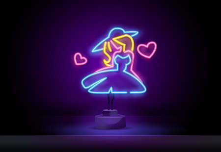 neon beautiful girl. Glowing neon inscription with girl in love on dark background. Can be used for beauty salons, advertisement, outdoor signsのイラスト素材