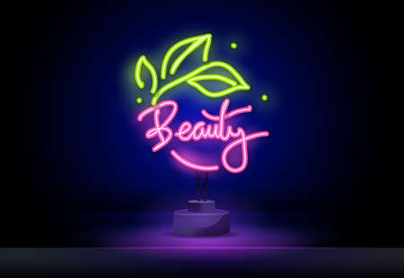 eco-friendly Beauty salon neon sign, bright signboard, light banner. Beauty logo, emblem. Vector illustrationのイラスト素材