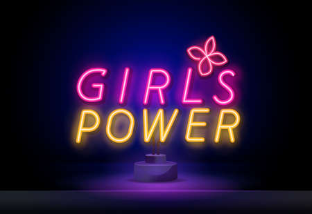 Vector illustration in simple style with hand-lettering phrase girl power - bright neon sign - stylish print for poster or t-shirt - feminism quote and international womens dayのイラスト素材