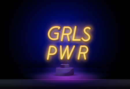 Neon text GRL PWR. Neon girl power text on dark wall background. Girl power - bright neon signboard. Feminist quote. Vector illustration.のイラスト素材